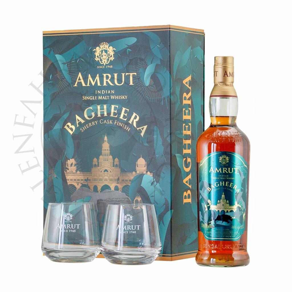 Amrut Bagheera Geschenkpackung mit 2 Gläsern Single Malt Indian Whisky 70cl