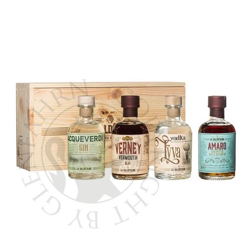 [G-gin207] La Valdotaine Geschenkset Acqueverdi, Verney Vermouth, Eyva Vodka, Amaro 4x20cl